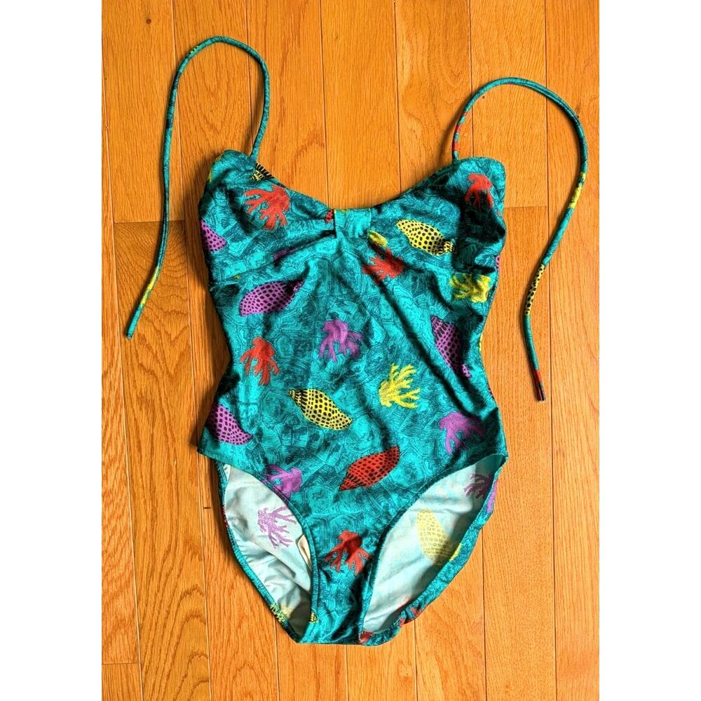 Vintage 90s Gottex Saks One Piece Swim Suit High Leg Marine Print Shelf Bra S